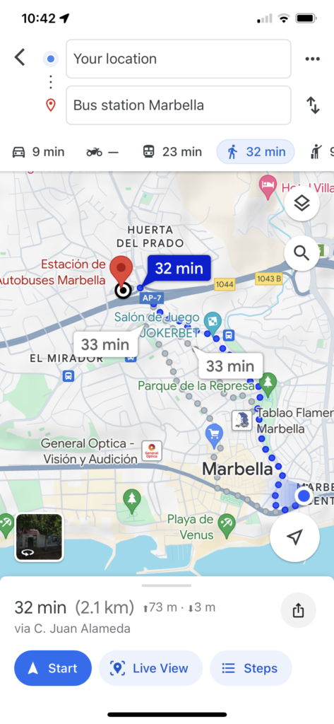 ChaCha's walk to the Marbella bus station from the hotel during 30 day train trip