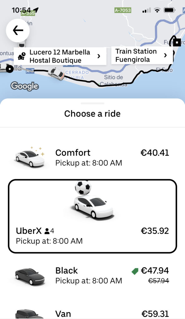 Price for a direct Uber from Marbella to the Malaga train station.