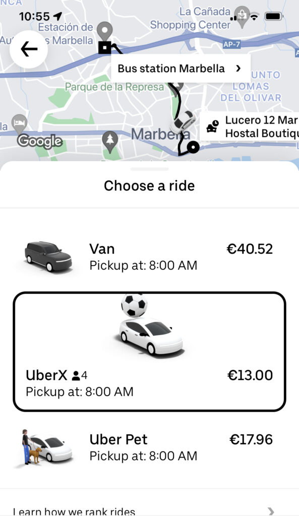 Uber from hotel to Marbella bus station during 30 day train trip